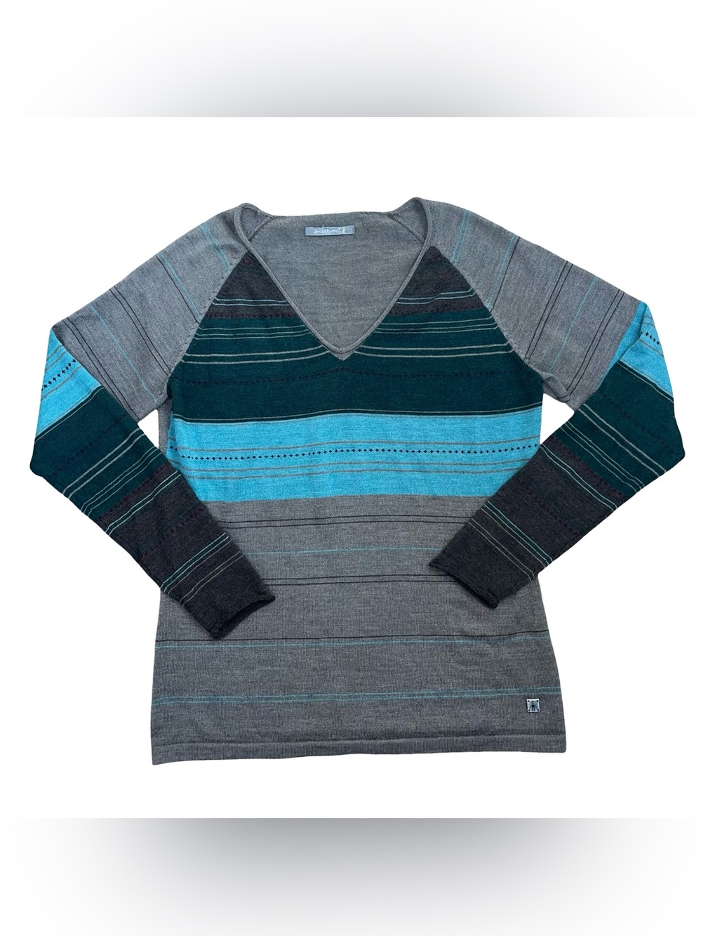 Smartwool V-Neck Stripe Pullover Sweater Medium Roll Hem EUC